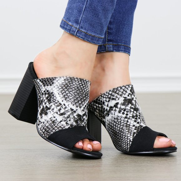Snake Print Open Toe Slip on Chunky High Heel - Picture 3 of 7